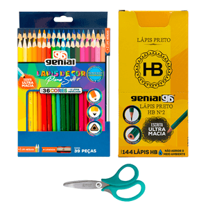 KIT LÁPIS DE COR MADEIRA 36 CORES + LÁPIS HB + TESOURA LÂMINA CURVA G-0131
