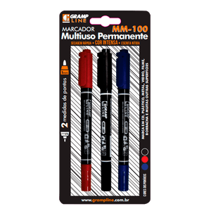 MARCADOR MULTIUSO MM-100 BLISTER 3 CORES: AZUL PRETO E VERMELHO